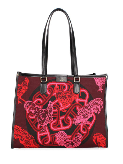 Burgundy Canvas Tote with Rooster Pattern