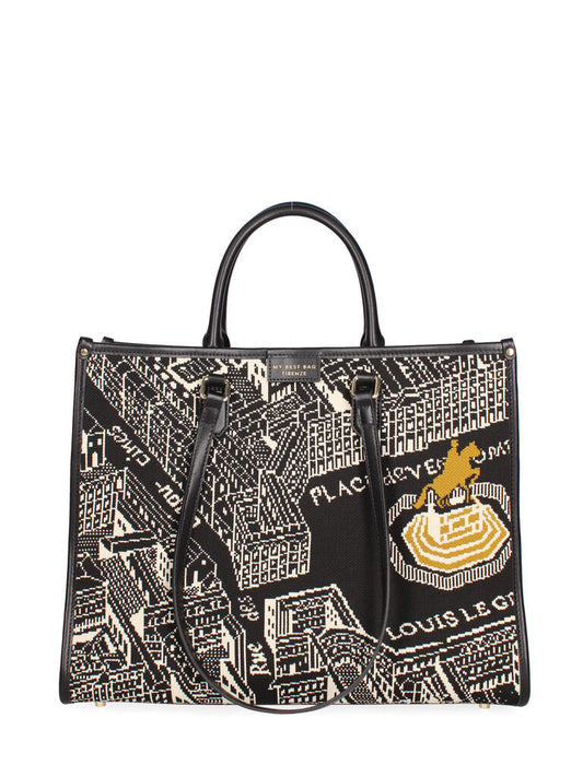 Black Geometric Print Tote Bag with Dual Handles