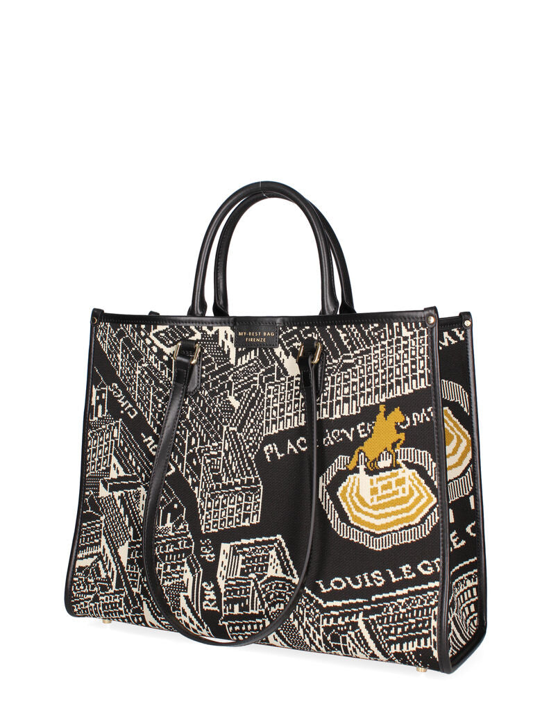 Black Geometric Print Tote Bag with Dual Handles