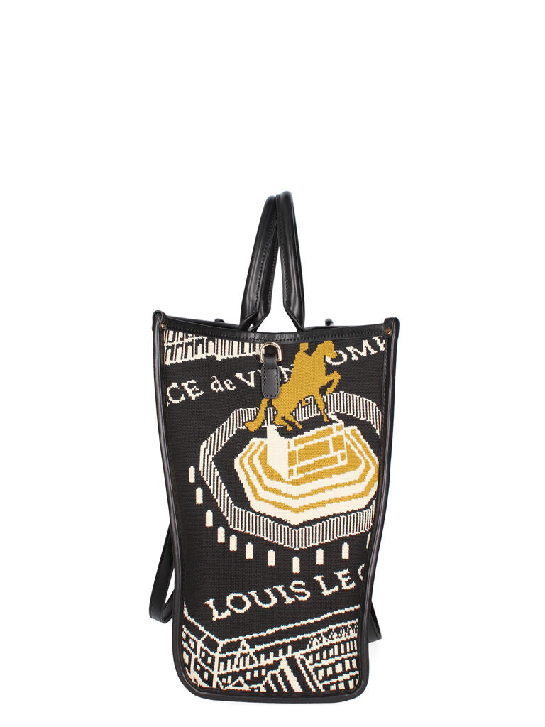Black Geometric Print Tote Bag with Dual Handles