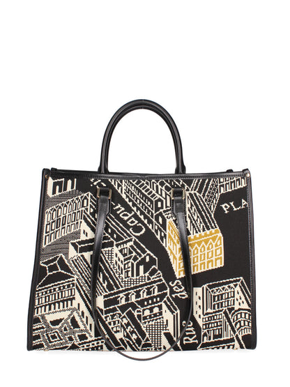 Black Geometric Print Tote Bag with Dual Handles