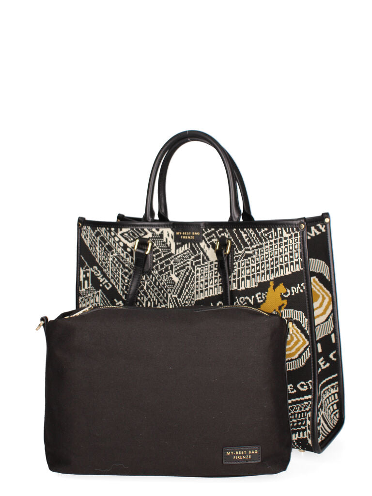 Black Geometric Print Tote Bag with Dual Handles