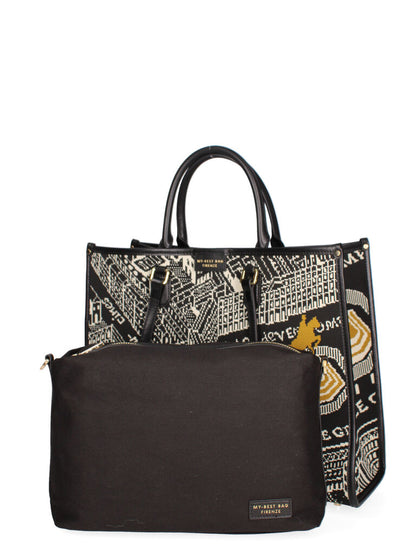 Black Geometric Print Tote Bag with Dual Handles