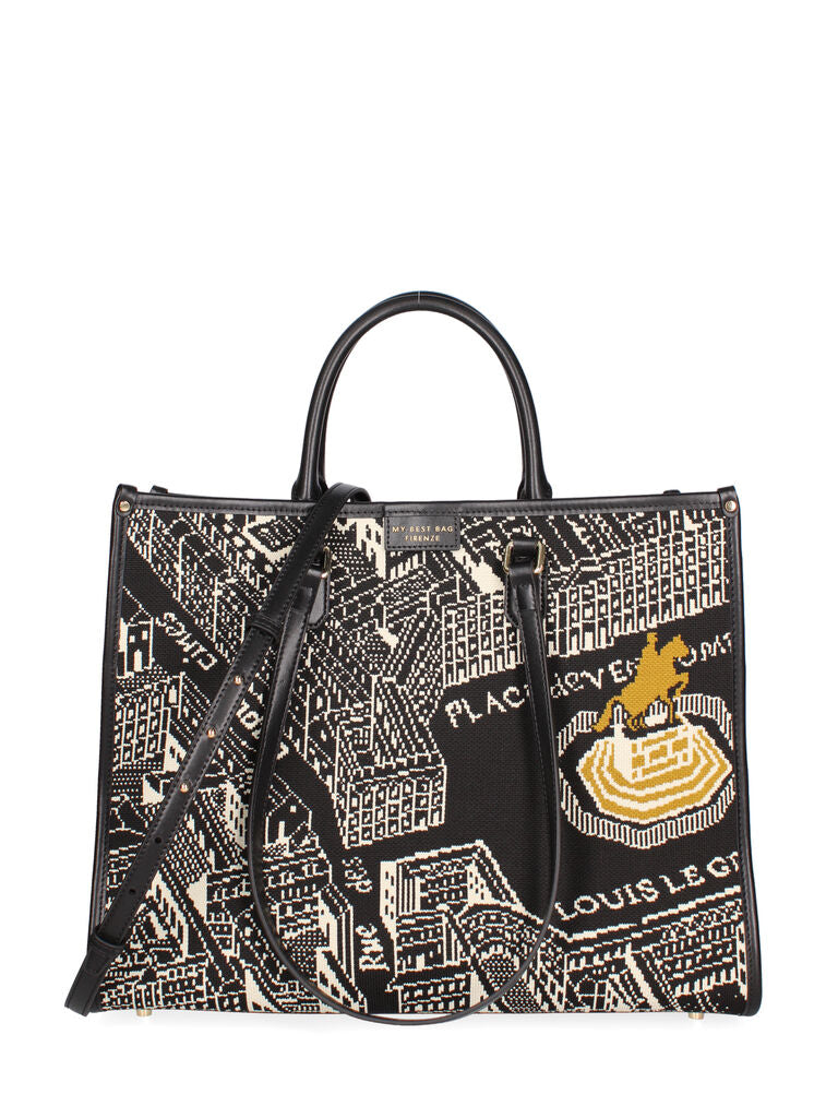 Black Geometric Print Tote Bag with Dual Handles