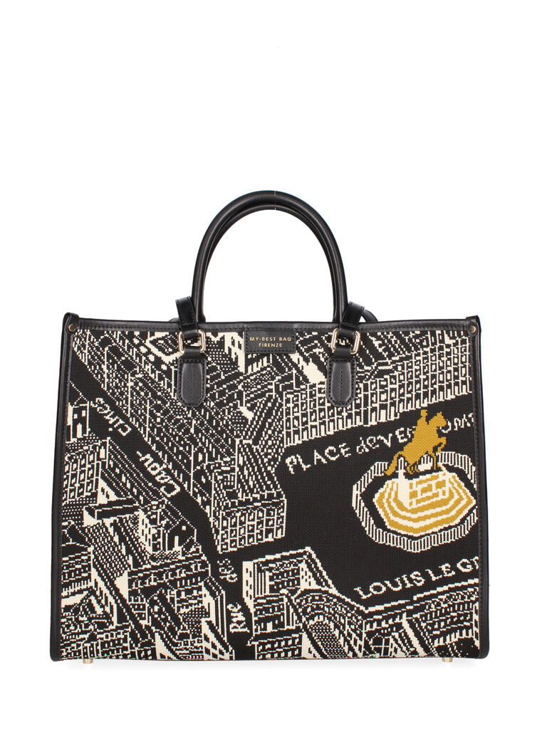 Black Geometric Print Tote Bag with Dual Handles