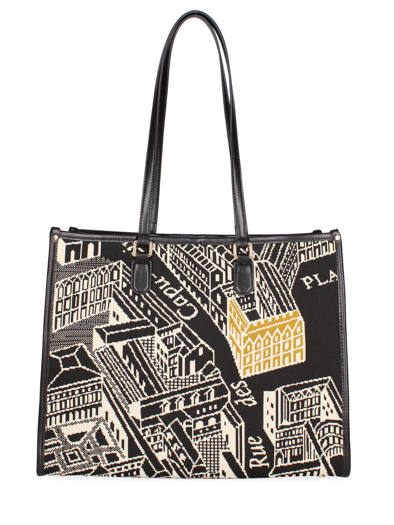 Black Geometric Print Tote Bag with Dual Handles