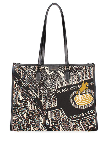 Black Geometric Print Tote Bag with Dual Handles