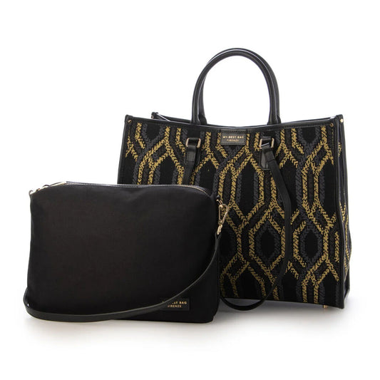 Black Geometric Tote Bag with Removable Pouch