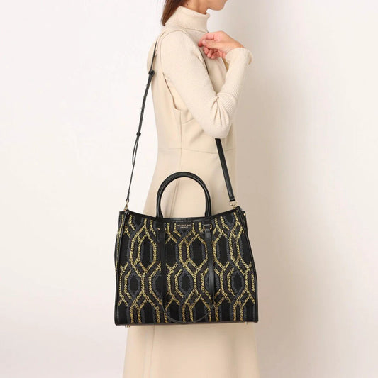 Black Geometric Tote Bag with Removable Pouch