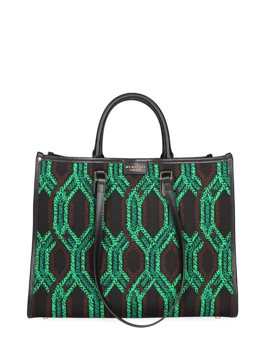 Black Geometric Pattern Tote with Dual Handles
