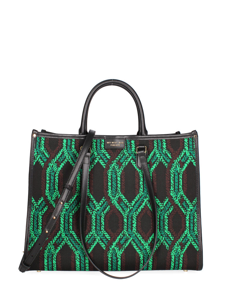 Black Geometric Pattern Tote with Dual Handles