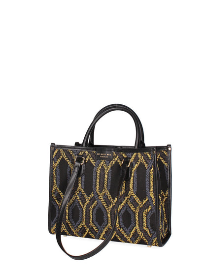 Black Geometric Pattern Tote Bag with Dual Handles