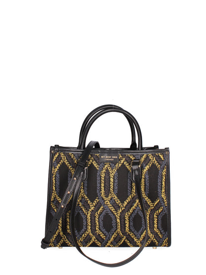 Black Geometric Pattern Tote Bag with Dual Handles