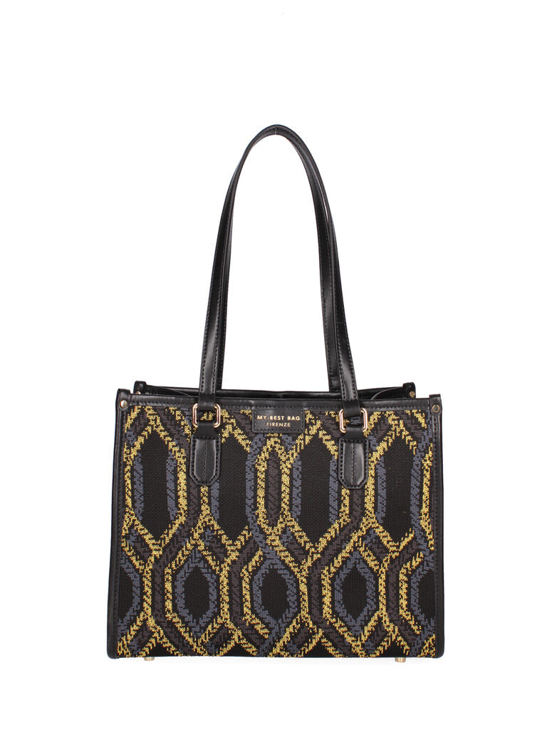 Black Geometric Pattern Tote Bag with Dual Handles