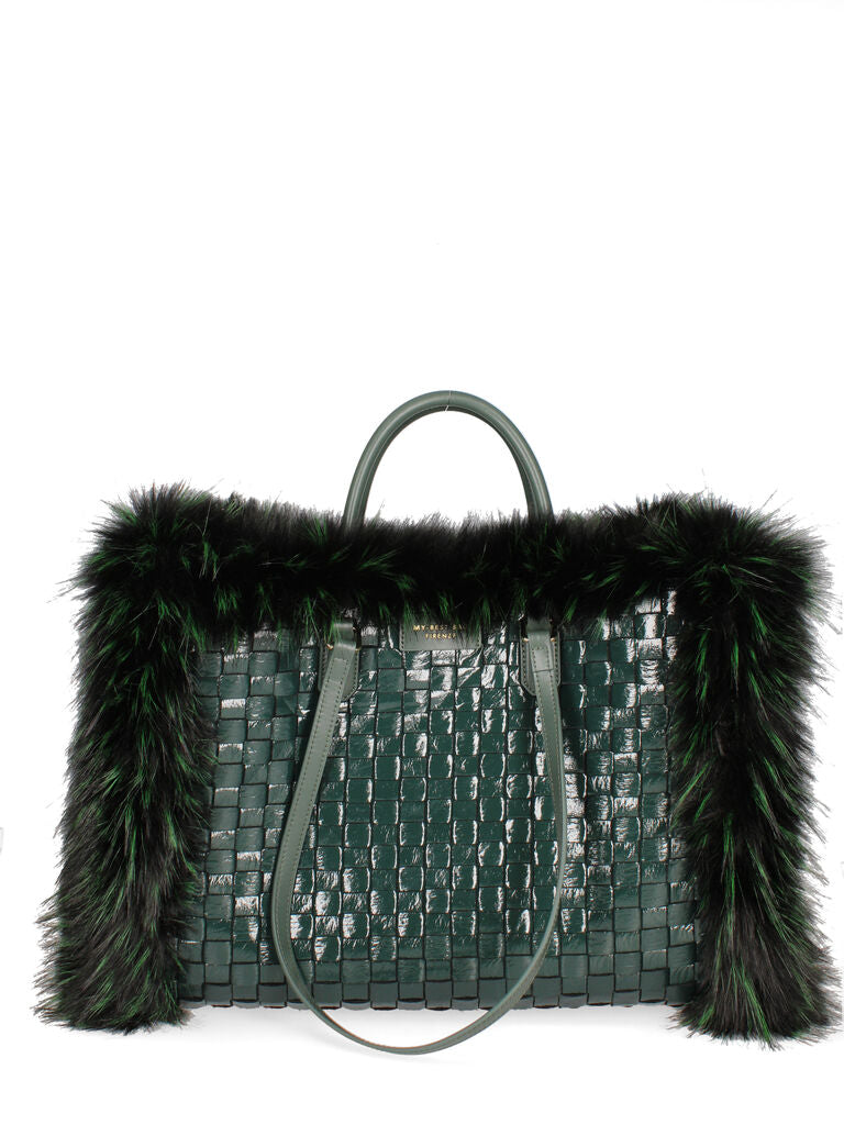 Green Woven Tote with Fur Accents