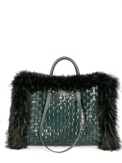 Green Woven Tote with Fur Accents