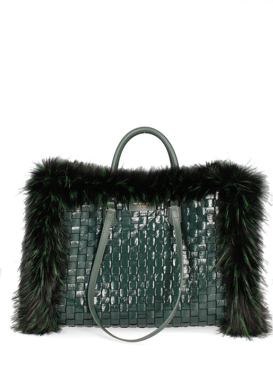 Green Woven Tote with Fur Accents