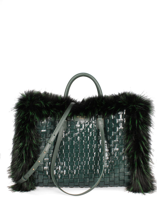 Green Woven Tote with Fur Accents