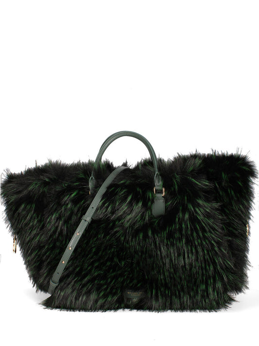Green Woven Tote with Fur Accents
