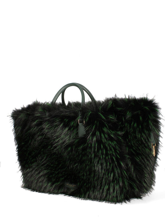 Green Woven Tote with Fur Accents