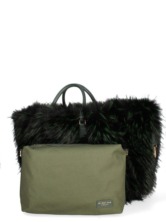 Green Woven Tote with Fur Accents