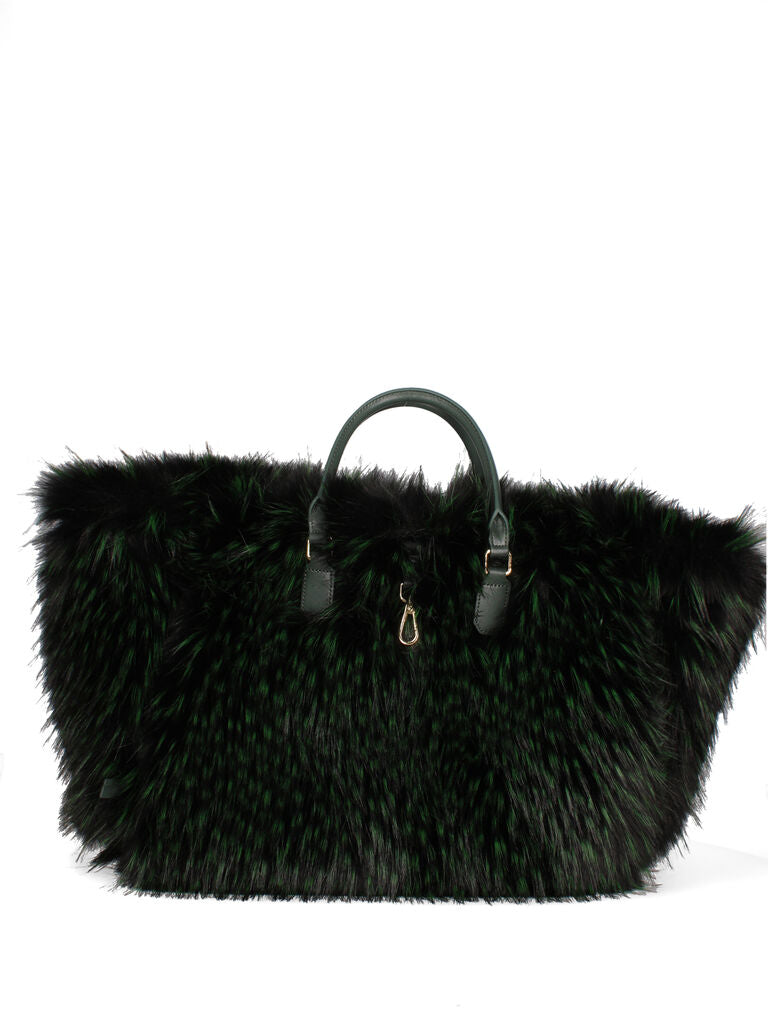 Green Woven Tote with Fur Accents