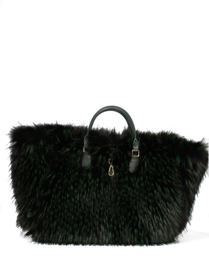 Green Woven Tote with Fur Accents