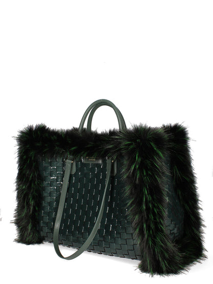 Green Woven Tote with Fur Accents