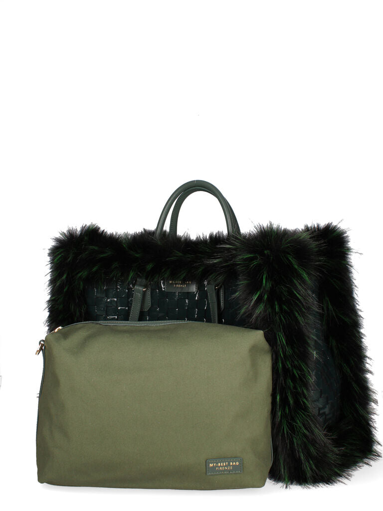Green Woven Tote with Fur Accents
