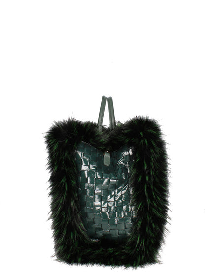 Green Woven Tote with Fur Accents