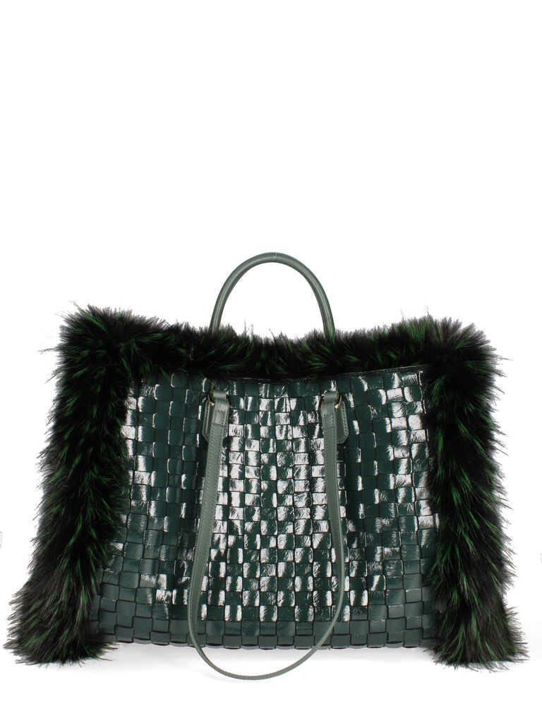 Green Woven Tote with Fur Accents