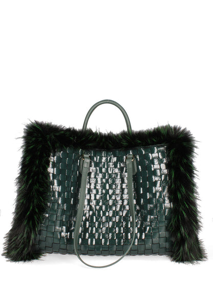 Green Woven Tote with Fur Accents