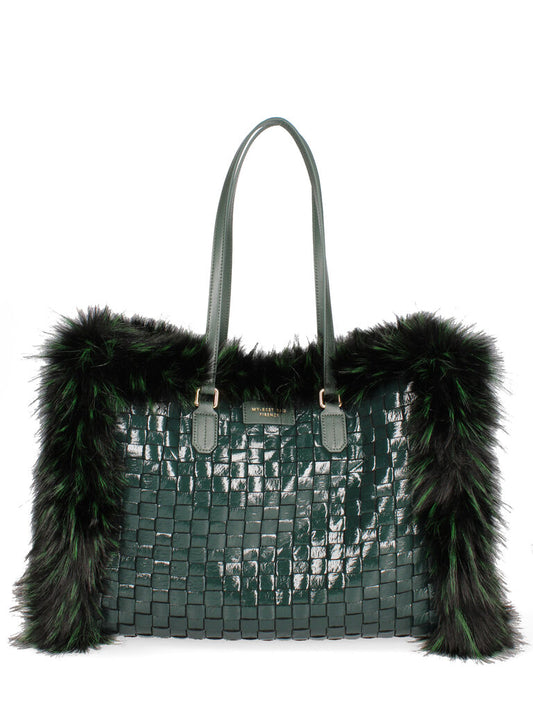 Green Woven Tote with Fur Accents