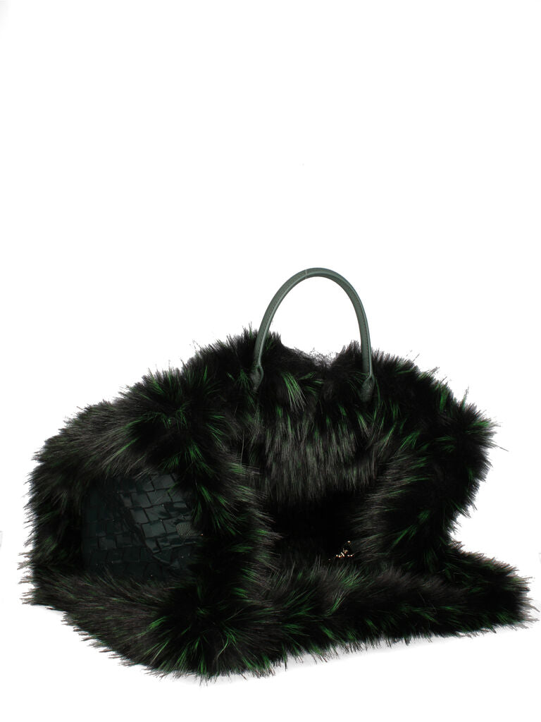 Green Woven Tote with Fur Accents