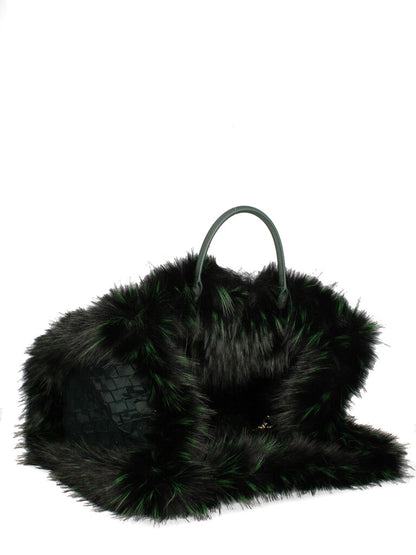 Green Woven Tote with Fur Accents