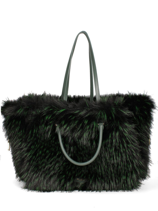 Green Woven Tote with Fur Accents