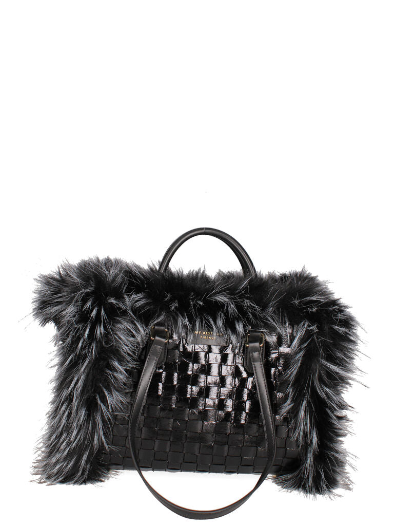 Black Faux Fur Trimmed Woven Tote Bag