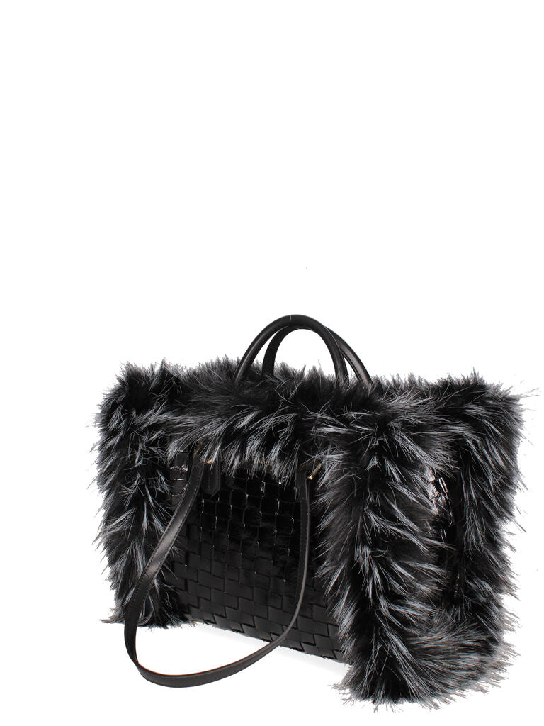Black Faux Fur Trimmed Woven Tote Bag