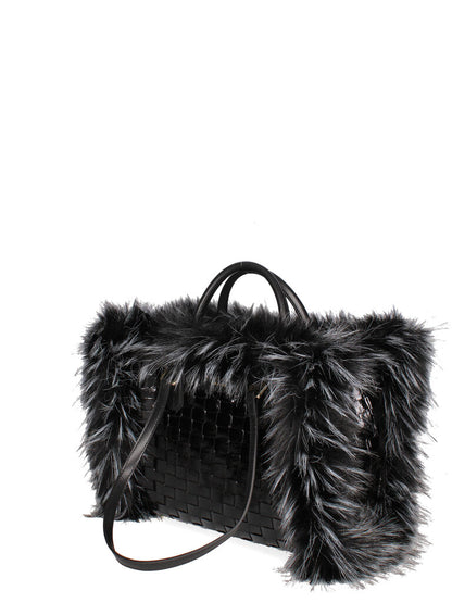 Black Faux Fur Trimmed Woven Tote Bag