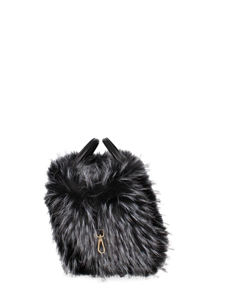 Black Faux Fur Trimmed Woven Tote Bag