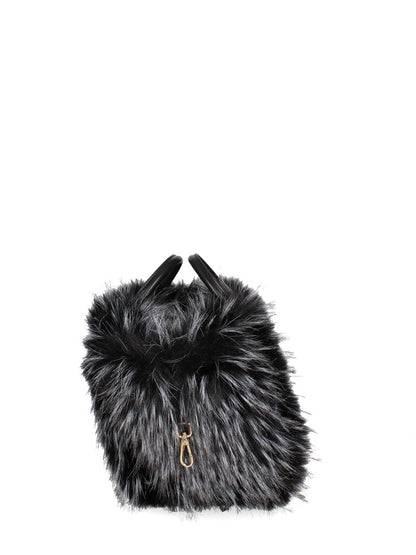 Black Faux Fur Trimmed Woven Tote Bag