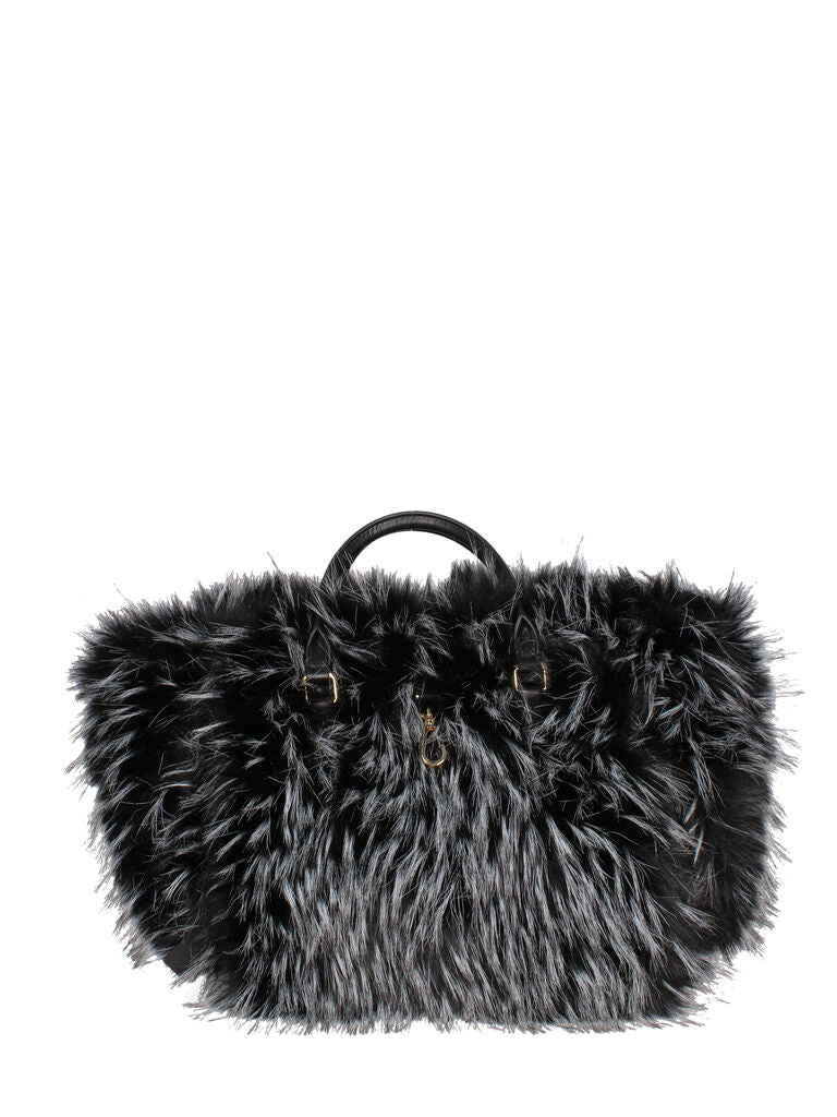 Black Faux Fur Trimmed Woven Tote Bag