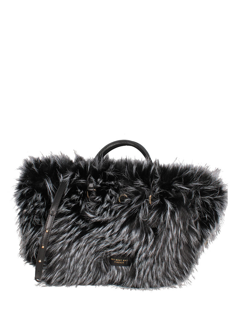 Black Faux Fur Trimmed Woven Tote Bag