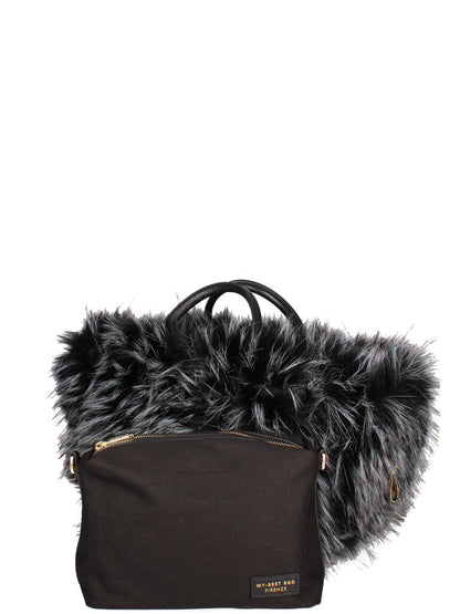Black Faux Fur Trimmed Woven Tote Bag
