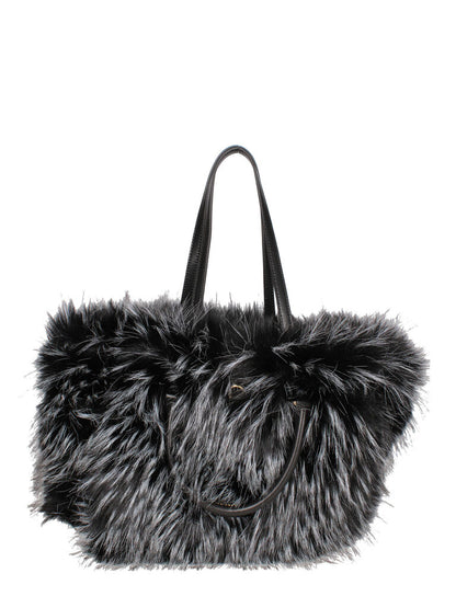 Black Faux Fur Trimmed Woven Tote Bag