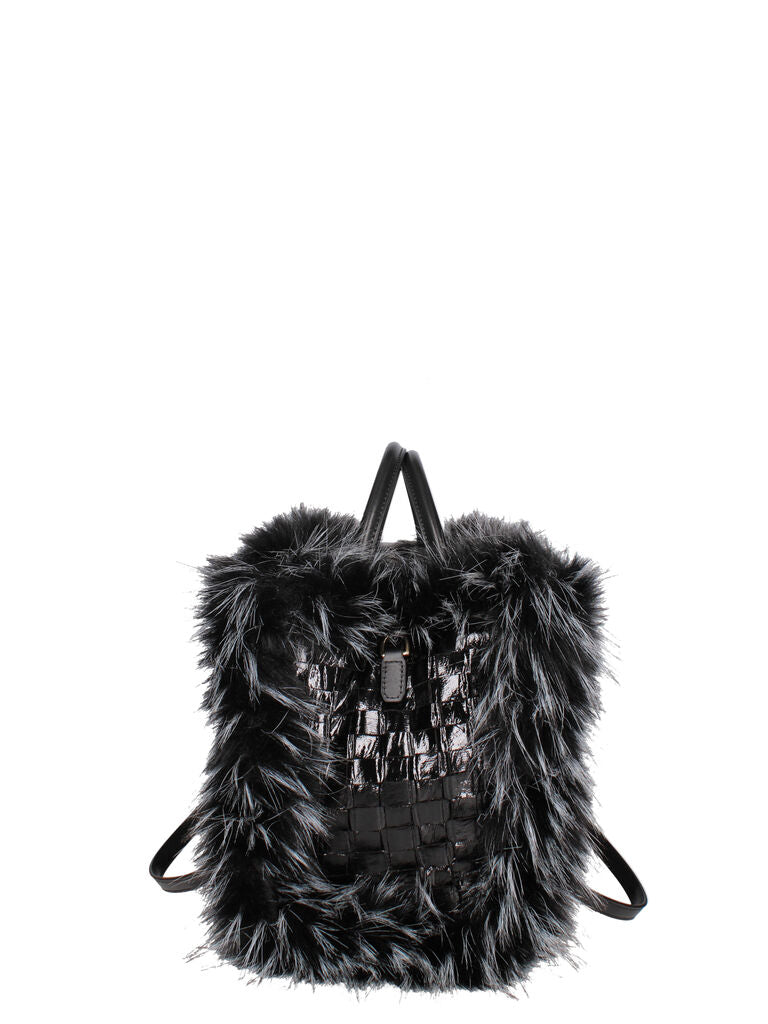 Black Faux Fur Trimmed Woven Tote Bag