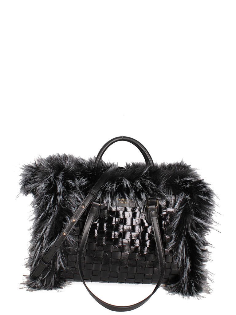Black Faux Fur Trimmed Woven Tote Bag