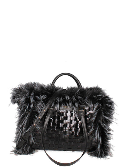 Black Faux Fur Trimmed Woven Tote Bag