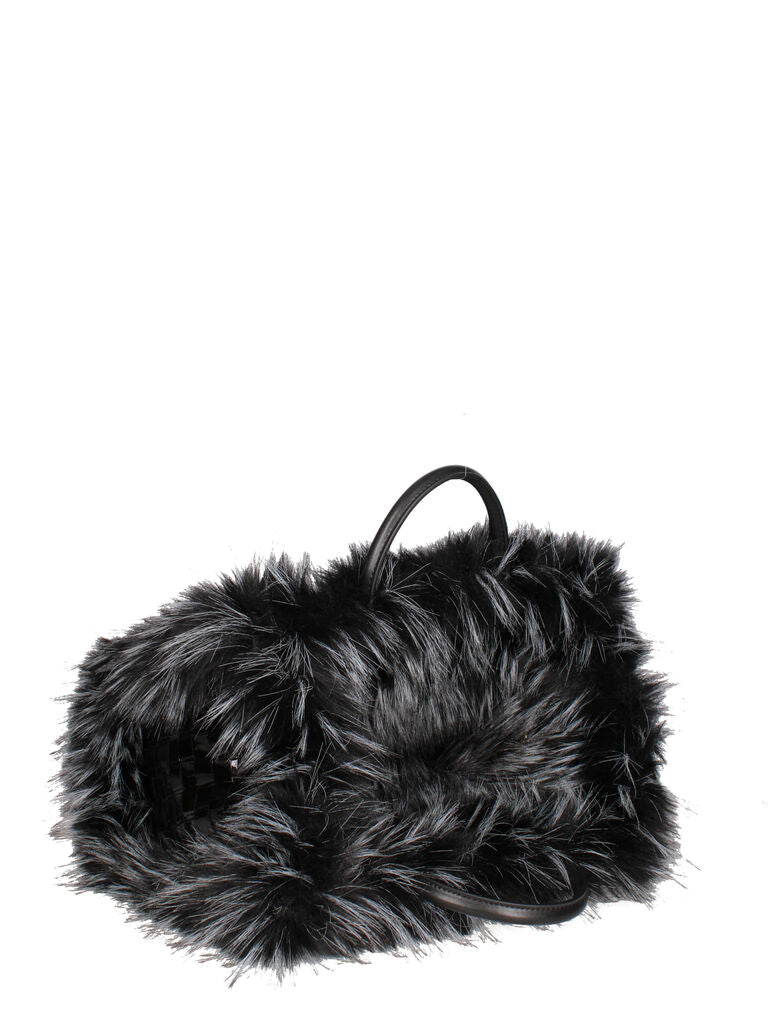 Black Faux Fur Trimmed Woven Tote Bag