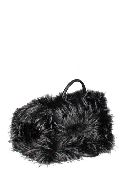 Black Faux Fur Trimmed Woven Tote Bag